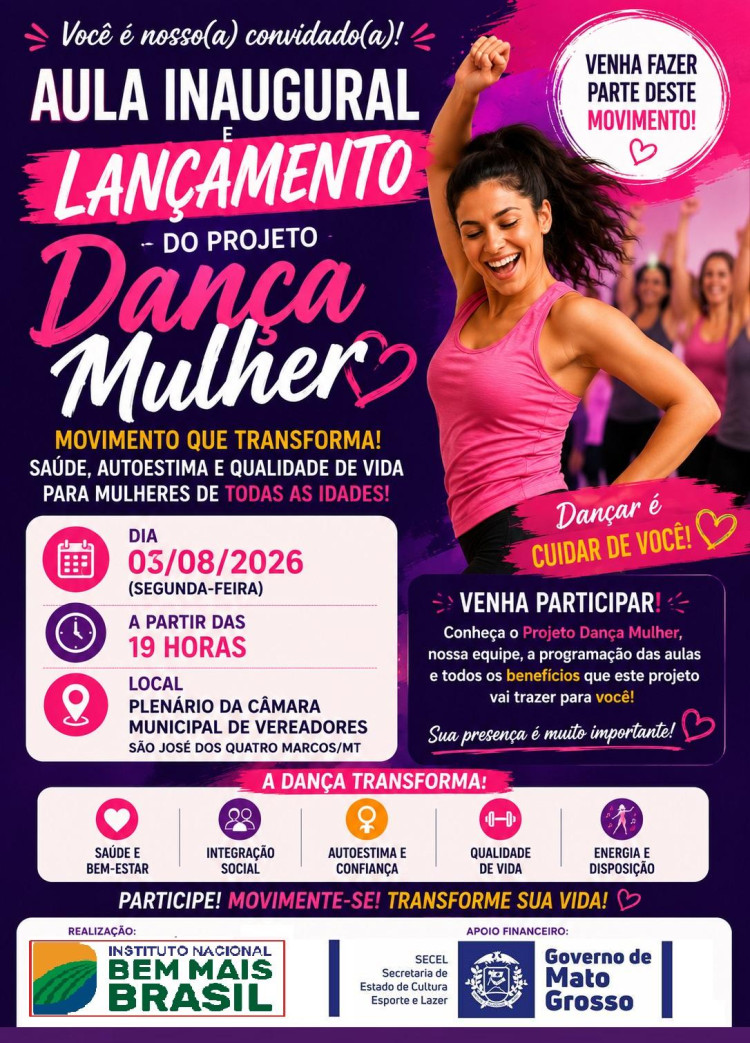 Projeto Dança Mulher será lançado com aula inaugural no dia 3 de agosto em São José dos Quatro Marcos