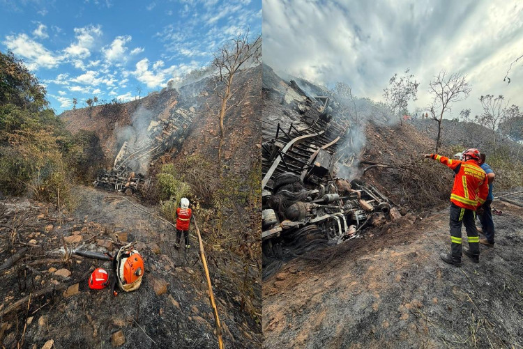 Motorista morre carbonizado após carreta cair em ribanceira na Serra do Mangaval